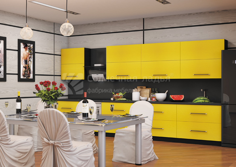 Линейный кухонный гарнитур "Колорист" в жёлтом цвете